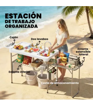 Mesa de Limpieza de Pescado Plegable Portátil con 2 Fregaderos Grifo Manguera Estante Lateral Cesta y Ranuras Blanco