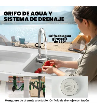 Mesa de Limpieza de Pescado Plegable Portátil con 2 Fregaderos Grifo Manguera Estante Lateral Cesta y Ranuras Blanco