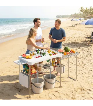 Mesa de Limpieza de Pescado Plegable Portátil con 2 Fregaderos Grifo Manguera Estante Lateral Cesta y Ranuras Blanco