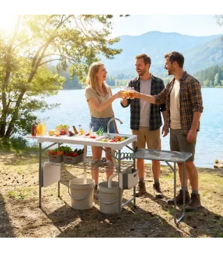 Mesa de Limpieza de Pescado Plegable Portátil con 2 Fregaderos Grifo Manguera Estante Lateral Cesta y Ranuras Blanco