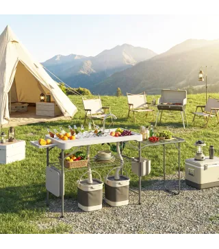 Mesa de Limpieza de Pescado Plegable Portátil con 2 Fregaderos Grifo Manguera Estante Lateral Cesta y Ranuras Blanco