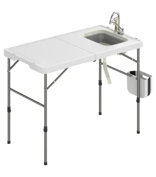 Mesa de Limpieza de Pescado Plegable con Altura Regulable Fregadero Grifo Manguera Cesta Plegable Ranuras y Bolsa
