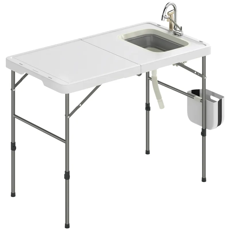 Mesa de Limpieza de Pescado Plegable con Altura Regulable Fregadero Grifo Manguera Cesta Plegable Ranuras y Bolsa