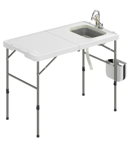 Mesa de Limpieza de Pescado Plegable con Altura Regulable Fregadero Grifo Manguera Cesta Plegable Ranuras y Bolsa