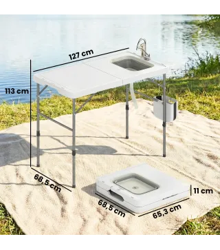 Mesa de Limpieza de Pescado Plegable con Altura Regulable Fregadero Grifo Manguera Cesta Plegable Ranuras y Bolsa