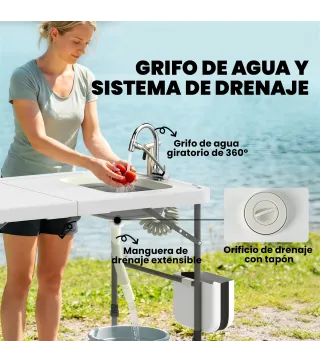 Mesa de Limpieza de Pescado Plegable con Altura Regulable Fregadero Grifo Manguera Cesta Plegable Ranuras y Bolsa