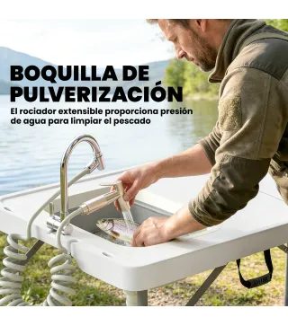 Mesa de Limpieza de Pescado Plegable con Altura Regulable Fregadero Grifo Manguera Cesta Plegable Ranuras y Bolsa