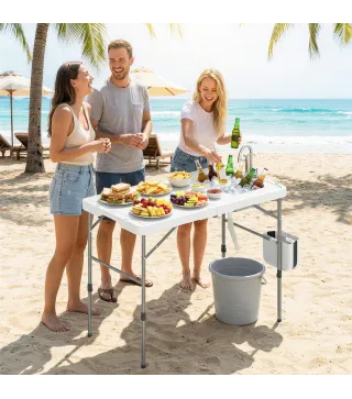 Mesa de Limpieza de Pescado Plegable con Altura Regulable Fregadero Grifo Manguera Cesta Plegable Ranuras y Bolsa