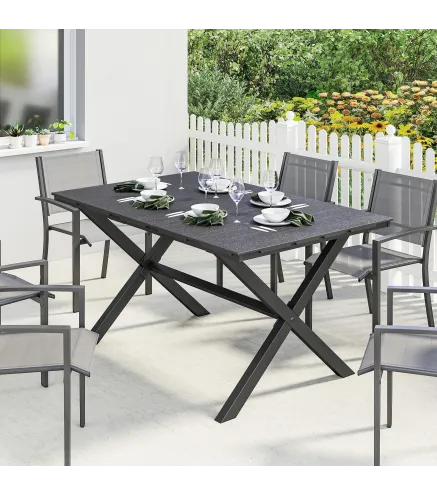 Mesa de Comedor de Jardín para 6 Personas con Superficie de HDPE de Listones Estructura Metálica 150x90x74 cm Negro