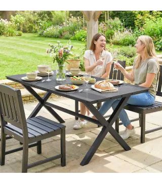 Mesa de Jardín para 6 Personas con Tablero HDPE, 150x90x74 cm, Negro