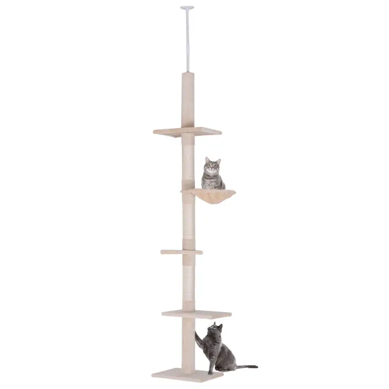 Árbol para Gatos de Suelo a Techo de 230-260 cm con Altura Ajustable Plataformas Hamaca y Postes de Sisal Beige