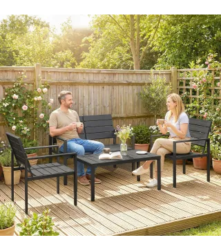 Conjunto de Muebles de Jardín para 4 Personas con Sofá de 2 Plazas 2 Sillones Mesa de Centro Negro