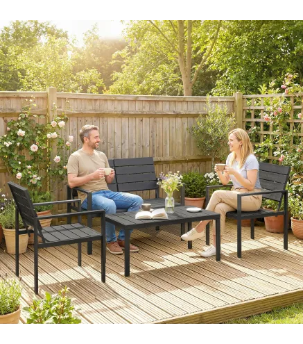 Conjunto de Muebles de Jardín para 4 Personas con Sofá de 2 Plazas 2 Sillones Mesa de Centro Negro