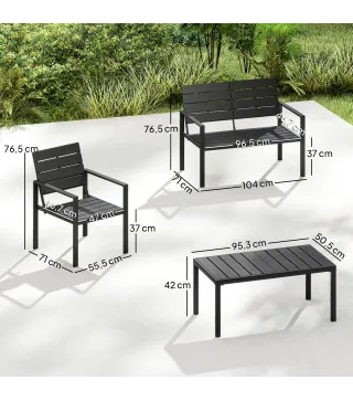 Conjunto de Jardín para 4 Personas con Sofá 2 Plazas y Mesa de Centro, Negro