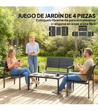 Conjunto de Jardín para 4 Personas con Sofá 2 Plazas y Mesa de Centro, Negro