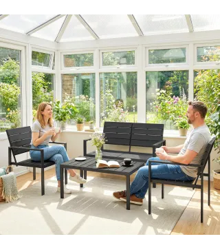 Conjunto de Jardín para 4 Personas con Sofá 2 Plazas y Mesa de Centro, Negro