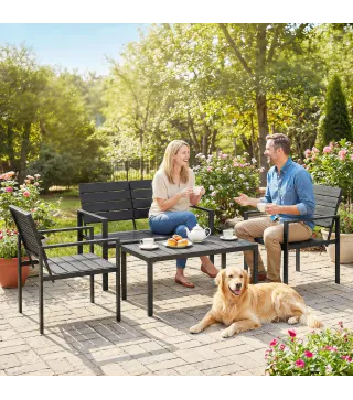 Conjunto de Jardín para 4 Personas con Sofá 2 Plazas y Mesa de Centro, Negro