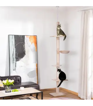 Árbol para Gatos de Suelo a Techo de 230-260 cm con Altura Ajustable Plataformas Hamaca y Postes de Sisal Beige