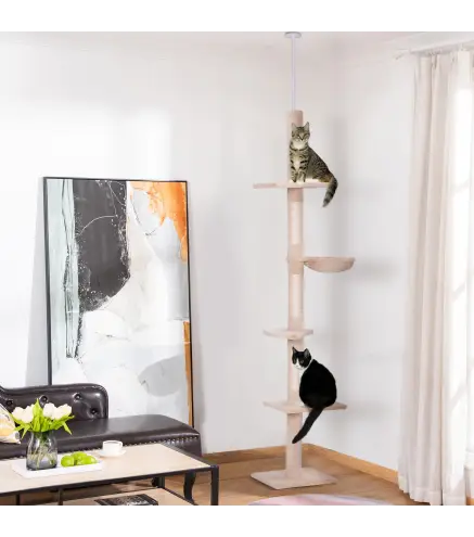 Árbol para Gatos de Suelo a Techo de 230-260 cm con Altura Ajustable Plataformas Hamaca y Postes de Sisal Beige