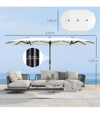 Sombrilla Doble de Jardín 4,6x2,6 m con Manivela Manual Protección UV50+ Funda Resistente al Agua Blanco