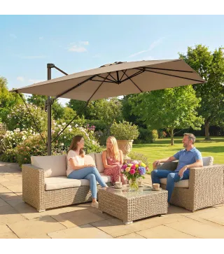 Parasol Excéntrico 2,9x2,9 m de Aluminio con Manivela Inclinación Ajustable Giratorio 360° Base Cruzada y Funda Caqui