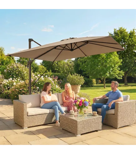Parasol Excéntrico 2,9x2,9 m de Aluminio con Manivela Inclinación Ajustable Giratorio 360° Base Cruzada y Funda Caqui
