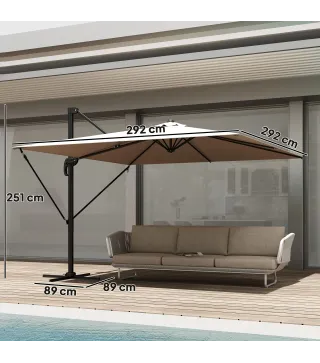 Parasol Excéntrico 2,9x2,9 m de Aluminio con Manivela Inclinación Ajustable Giratorio 360° Base Cruzada y Funda Caqui