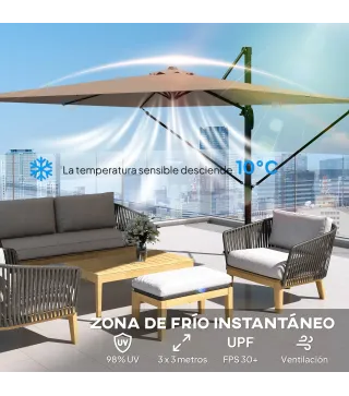 Parasol Excéntrico 2,9x2,9 m de Aluminio con Manivela Inclinación Ajustable Giratorio 360° Base Cruzada y Funda Caqui