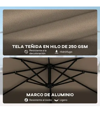 Parasol Excéntrico 2,9x2,9 m de Aluminio con Manivela Inclinación Ajustable Giratorio 360° Base Cruzada y Funda Caqui