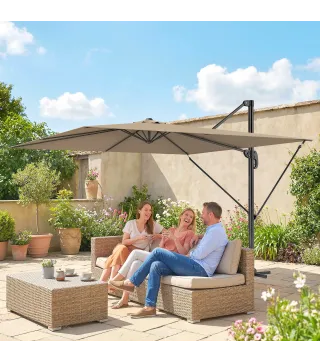 Parasol Excéntrico 2,9x2,9 m de Aluminio con Manivela Inclinación Ajustable Giratorio 360° Base Cruzada y Funda Caqui