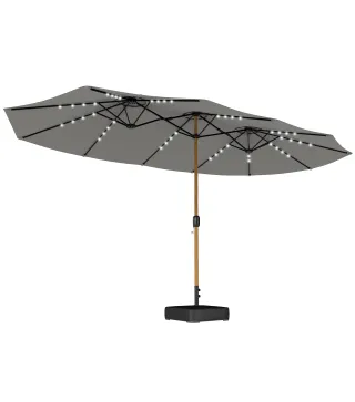 Sombrilla Doble de Jardín 4,6x2,6 m con 48 Luces LED Base Incluida Manivela Sacos de Arena Anti-UV Gris Claro