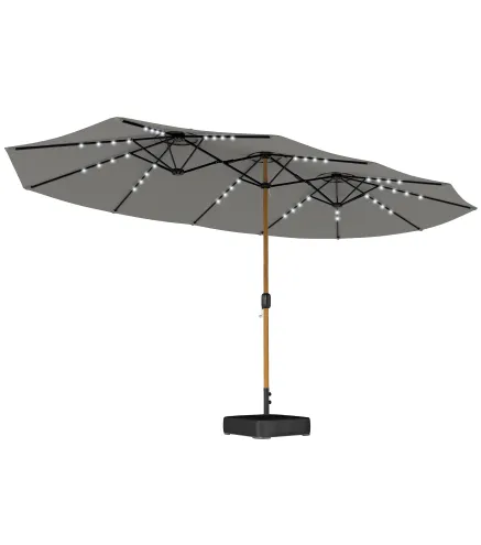 Sombrilla Doble de Jardín 4,6x2,6 m con 48 Luces LED Base Incluida Manivela Sacos de Arena Anti-UV Gris Claro