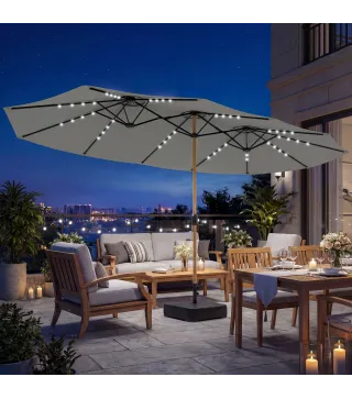 Sombrilla Doble de Jardín 4,6x2,6 m con 48 Luces LED Base Incluida Manivela Sacos de Arena Anti-UV Gris Claro