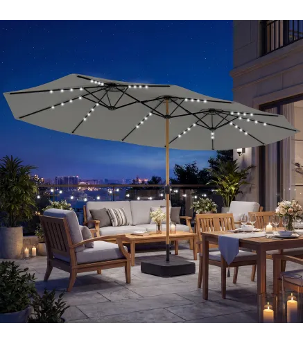 Sombrilla Doble de Jardín 4,6x2,6 m con 48 Luces LED Base Incluida Manivela Sacos de Arena Anti-UV Gris Claro