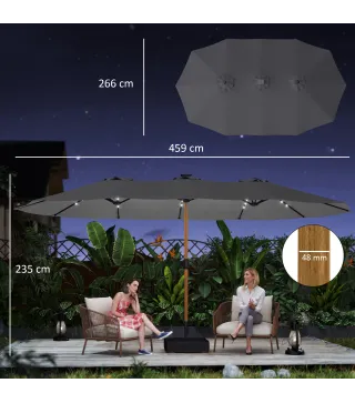 Sombrilla Doble de Jardín 4,6x2,6 m con 48 Luces LED Base Incluida Manivela Sacos de Arena Anti-UV Gris Claro