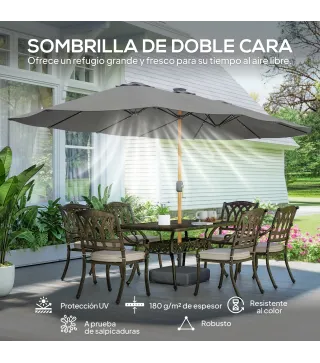 Sombrilla Doble de Jardín 4,6x2,6 m con 48 Luces LED Base Incluida Manivela Sacos de Arena Anti-UV Gris Claro