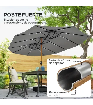 Sombrilla Doble de Jardín 4,6x2,6 m con 48 Luces LED Base Incluida Manivela Sacos de Arena Anti-UV Gris Claro