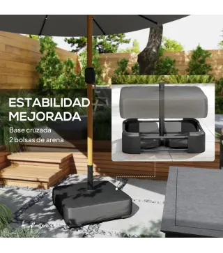 Sombrilla Doble de Jardín 4,6x2,6 m con 48 Luces LED Base Incluida Manivela Sacos de Arena Anti-UV Gris Claro