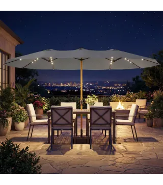 Sombrilla Doble de Jardín 4,6x2,6 m con 48 Luces LED Base Incluida Manivela Sacos de Arena Anti-UV Gris Claro
