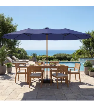 Sombrilla Doble de Jardín 4,7x2,8 m con Base Incluida Manivela Sacos de Arena Protección UV Impermeable Azul Oscuro