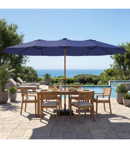 Sombrilla Doble de Jardín 4,7x2,8 m con Base Incluida Manivela Sacos de Arena Protección UV Impermeable Azul Oscuro