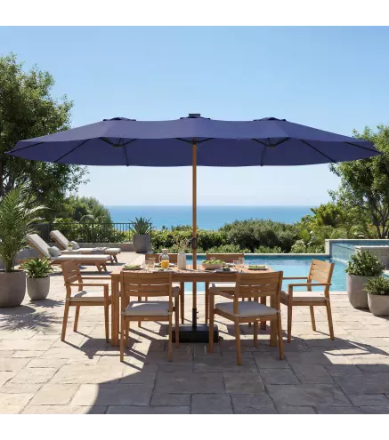 Sombrilla Doble de Jardín 4,7x2,8 m con Base Incluida Manivela Sacos de Arena Protección UV Impermeable Azul Oscuro