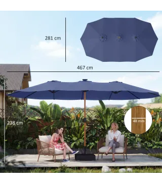Sombrilla Doble de Jardín 4,7x2,8 m con Base Incluida Manivela Sacos de Arena Protección UV Impermeable Azul Oscuro
