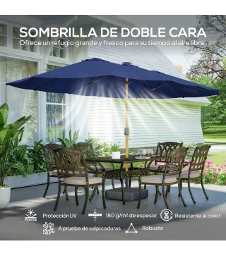 Sombrilla Doble de Jardín 4,7x2,8 m con Base Incluida Manivela Sacos de Arena Protección UV Impermeable Azul Oscuro