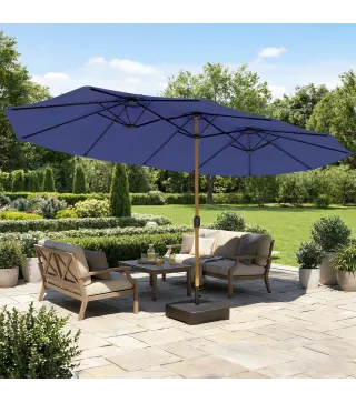 Sombrilla Doble de Jardín 4,7x2,8 m con Base Incluida Manivela Sacos de Arena Protección UV Impermeable Azul Oscuro