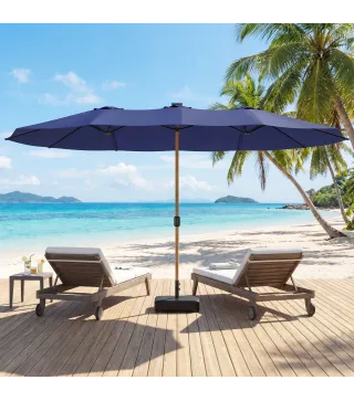 Sombrilla Doble de Jardín 4,7x2,8 m con Base Incluida Manivela Sacos de Arena Protección UV Impermeable Azul Oscuro