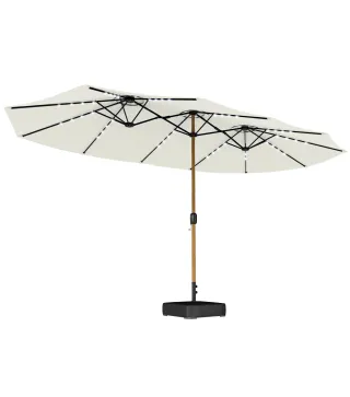 Sombrilla Doble de Jardín 4,6x2,6 m con 48 Luces LED Base Incluida Manivela Sacos de Arena Anti-UV Crema