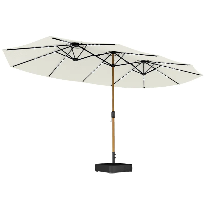 Sombrilla Doble de Jardín 4,6x2,6 m con 48 Luces LED Base Incluida Manivela Sacos de Arena Anti-UV Crema