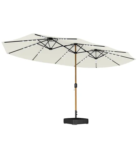 Sombrilla Doble de Jardín 4,6x2,6 m con 48 Luces LED Base Incluida Manivela Sacos de Arena Anti-UV Crema