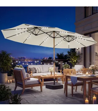 Sombrilla Doble de Jardín 4,6x2,6 m con 48 Luces LED Base Incluida Manivela Sacos de Arena Anti-UV Crema